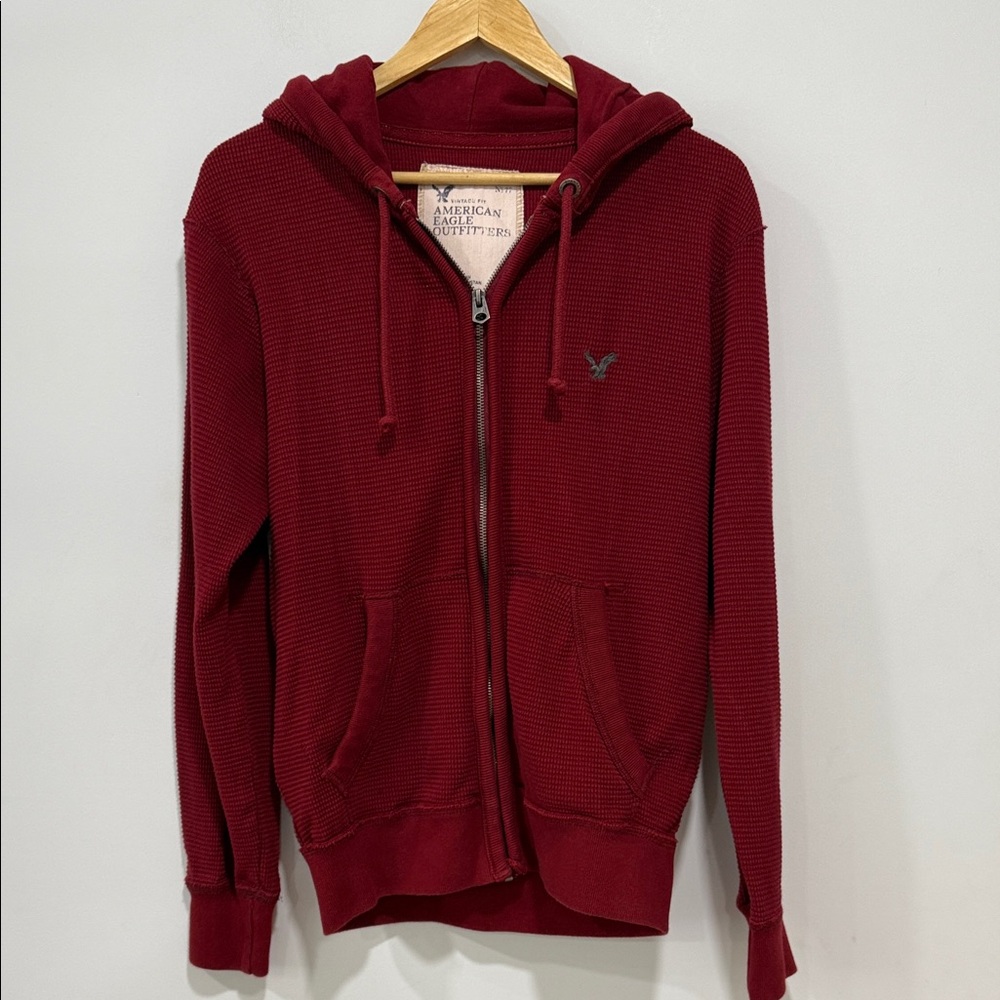 American Eagle Outfitters Mens Full Zip Thermal Hoodie Red Sweatshirt Y2K Size S